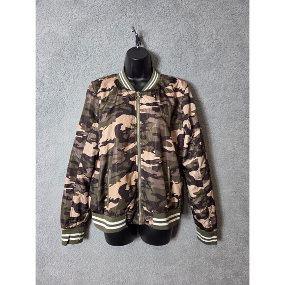 Y2K Rue 21 Womens Camo Bomber Varsity Jacket Large Army Green Black Tan Grunge - Picture 1 of 10